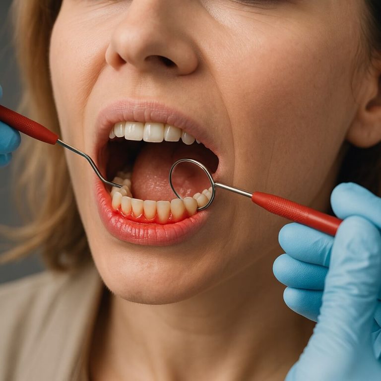 صورة مقربة لفم يظهر علامات التهاب اللثة بوضوح مع احمرار وتورم في اللثة حول الأسنان الأمامية