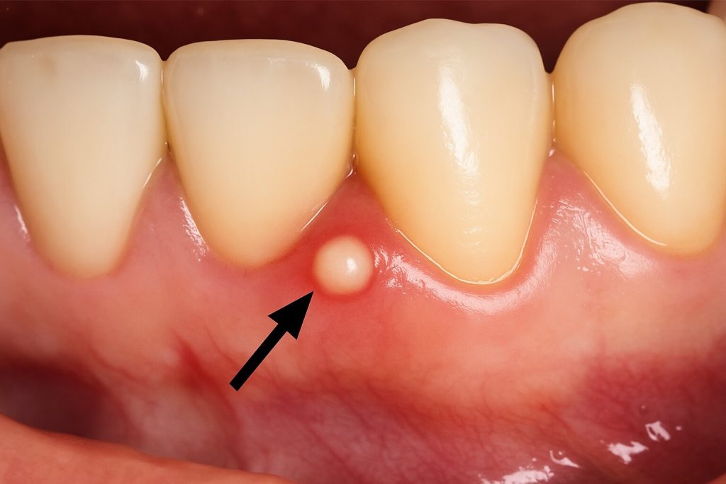 Image showing a dental abscess in the gum caused by severe infection, with visible red or purple swelling due to external pus accumulation.