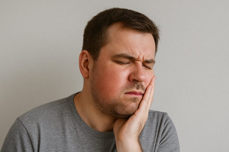 رجل يمسك خده ويتألم من خراج الاسنان، ويظهر عليه التعب والألم نتيجة التورم والالتهاب في الفم أو اللثة.