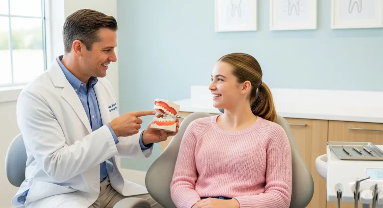 أخصائي تقويم أسنان يشرح خطة العلاج لمريضة في مركز تقويم أسنان حديث