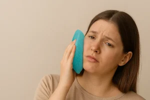 امرأة تضع كمادة جل على خدها المتورم بعد خلع ضرس العقل، في لقطة تعبّر عن العناية الفورية وتخفيف الألم