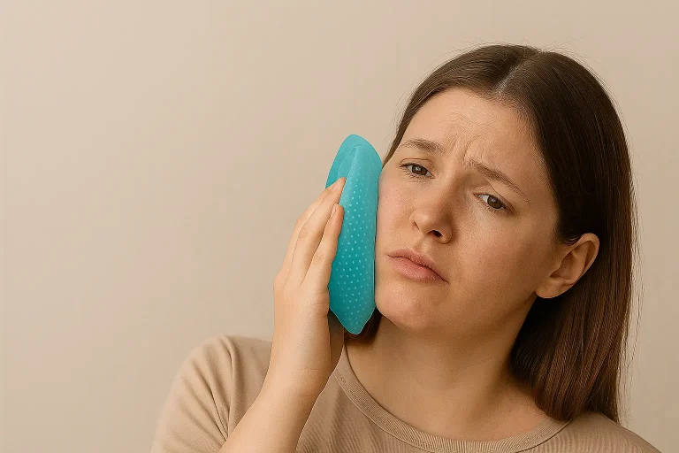 امرأة تضع كمادة جل على خدها المتورم بعد خلع ضرس العقل، في لقطة تعبّر عن العناية الفورية وتخفيف الألم
