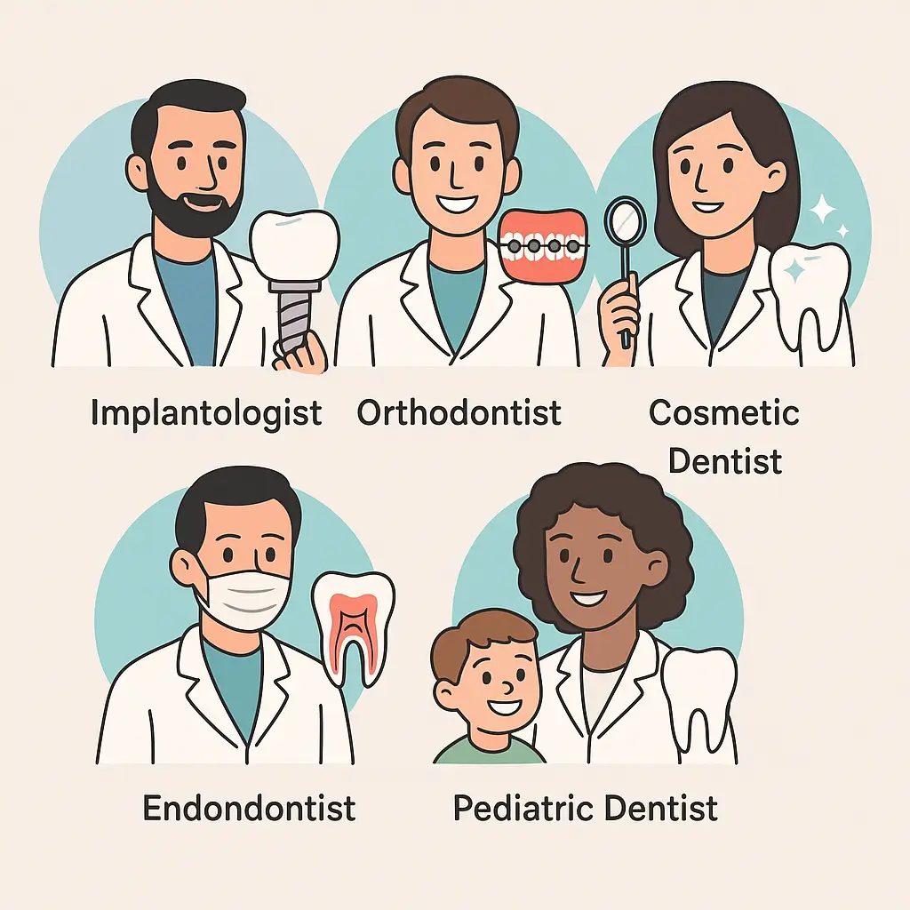 صورة إنفوجرافيك تعرض تخصصات طب الأسنان الخمسة: أخصائي زراعة الأسنان (Implantologist)، وأخصائي تقويم الأسنان (Orthodontist)، وأخصائي تجميل الأسنان (Cosmetic Dentist)، وأخصائي علاج الجذور (Endodontist)، وطبيب أسنان الأطفال (Pediatric Dentist)، مع رسم توضيحي يمثل كل متخصص.