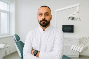 طبيب أسنان رجل واثق يرتدي معطفًا أبيض واقفًا في عيادة أسنان حديثة بجدران بيضاء نظيفة، كرسي طبي باللون الفيروزي، ومعدات متقدمة في الخلفية.