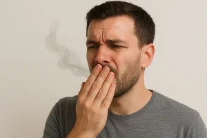 رجل في الثلاثينات يغطي فمه بيده بتعبير انزعاج، مع ظهور تموجات رمادية بجانب فمه توضح رائحة الفم الكريهة،