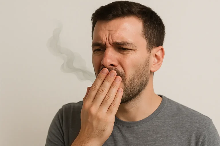 رجل في الثلاثينات يغطي فمه بيده بتعبير انزعاج، مع ظهور تموجات رمادية بجانب فمه توضح رائحة الفم الكريهة،